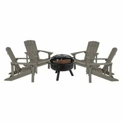 Emma+Oliver Emma And Oliver Five Piece Hartford Camping Set With Four Blue Faux Wood Adirondack Chairs And 29" Star And Moon Fire Pit With Mesh Cover