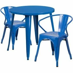 Emma+Oliver Emma And Oliver Commercial 30" Round Black Metal Indoor-Outdoor Table Set With 2 Arm Chairs Blue -Emma+Oliver shop unnamed file 1232