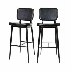 Emma+Oliver Emma And Oliver Set Of 2 Black LeatherSoft Barstools With Black Iron Frame-Integrated Footrest