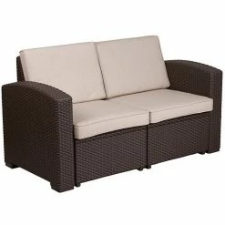 Emma+Oliver Emma And Oliver Chocolate Brown Faux Rattan Loveseat With Beige Cushions
