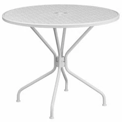 Emma+Oliver Emma And Oliver Commercial Grade 35.25" RD Sky BL Indoor-Outdoor Steel Patio Table-Umbrella Hole Light Gray