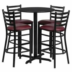 Emma+Oliver Emma And Oliver 30RD Natural Table Set-X-Base & 4 Ladder Back Stools,Black Seat Naturaltopblack