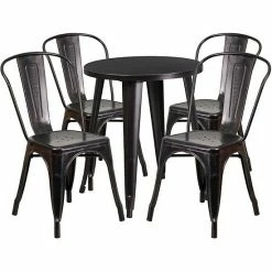 Emma+Oliver Emma And Oliver Commercial 24" Round White Metal Indoor-Outdoor Table Set With 4 Cafe Chairs Blackantique Gold