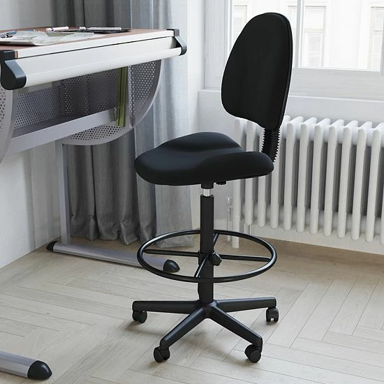 Emma+Oliver Emma And Oliver Navy Blue Patterned Fabric 2 Cylinder Drafting Chair 2 Emma+Oliver Emma And Oliver Navy Blue Patterned Fabric 2 Cylinder Drafting Chair - Image 2