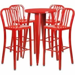 Emma+Oliver Emma And Oliver Commercial Grade 24" Round Black Metal Bar Table Set-4 Vertical Slat Back Stools