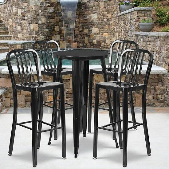 Emma+Oliver Emma And Oliver Commercial Grade 24" Round Black Metal Bar Table Set-4 Vertical Slat Back Stools 2 Emma+Oliver Emma And Oliver Commercial Grade 24" Round Black Metal Bar Table Set-4 Vertical Slat Back Stools - Image 2