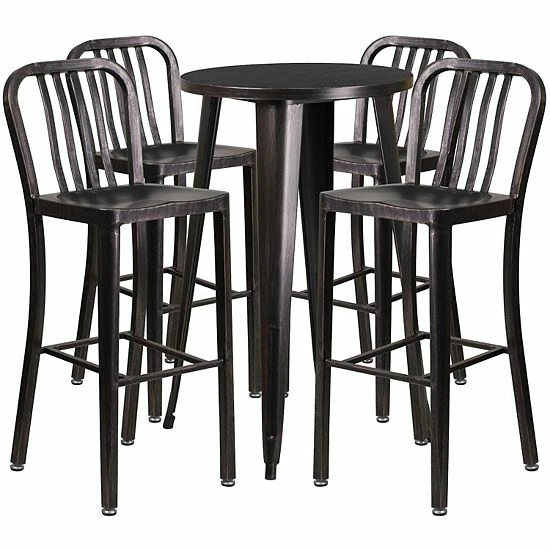 Emma+Oliver Emma And Oliver Commercial Grade 24" Round Black Metal Bar Table Set-4 Vertical Slat Back Stools 9 Emma+Oliver Emma And Oliver Commercial Grade 24" Round Black Metal Bar Table Set-4 Vertical Slat Back Stools - Image 9