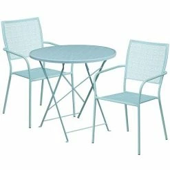 Emma+Oliver Emma And Oliver Commercial Grade 30" Round Sky Blue Folding Patio Table Set-2 Square Back Chairs