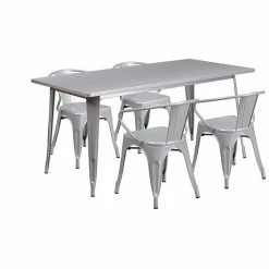 Emma+Oliver Emma And Oliver Commercial Grade Rectangular White Metal Indoor-Outdoor Table Set-4 Arm Chairs Silver