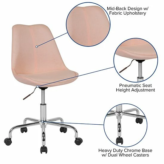 Emma+Oliver Emma And Oliver Mid-Back Pink Fabric Pneumatic Lift Task Office Chair With Chrome Base 3 Emma+Oliver Emma And Oliver Mid-Back Pink Fabric Pneumatic Lift Task Office Chair With Chrome Base - Image 3