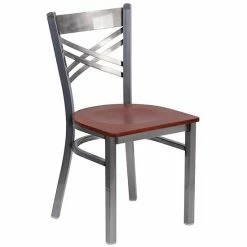 Emma+Oliver Emma And Oliver Clear Coated "X" Back Metal Restaurant Chair - Walnut Wood Seat Blackclearcoated