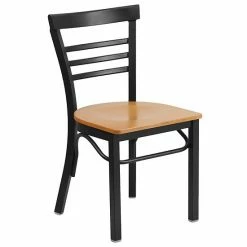 Emma+Oliver Emma And Oliver Black Three-Slat Ladder Back Metal Dining Chair - Cherry Wood Seat Naturalblack