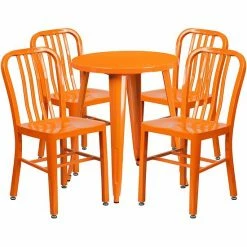 Emma+Oliver Emma And Oliver Commercial Grade 24" Round White Metal Table Set-4 Vertical Slat Back Chairs Red