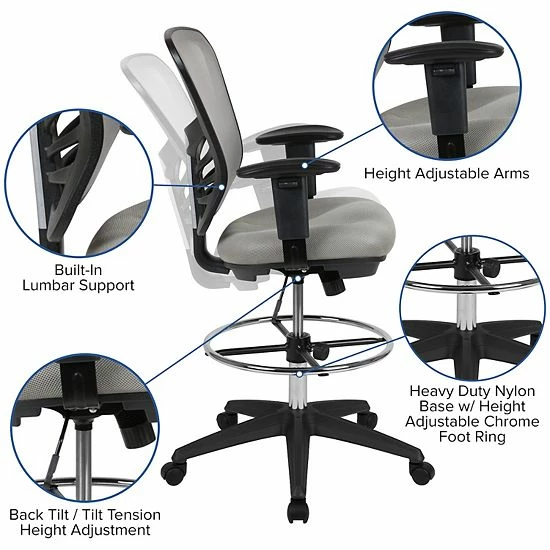 Emma+Oliver Emma And Oliver Mid-Back Black Mesh/Black Frame Adjustable Ergonomic Drafting Chair, Task Chair Lightgraymeshblack 3 Emma+Oliver Emma And Oliver Mid-Back Black Mesh/Black Frame Adjustable Ergonomic Drafting Chair, Task Chair Lightgraymeshblack - Image 3