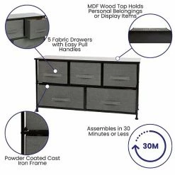 Emma+Oliver Emma And Oliver 5 Drawer Storage Chest With Black Wood Top & Dark Gray Fabric Pull Drawers Blackgray -Emma+Oliver shop unnamed file 210