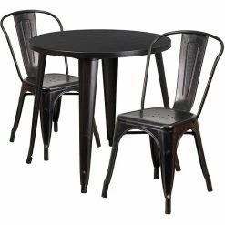 Emma+Oliver Emma And Oliver Commercial 30" Round Green Metal Indoor-Outdoor Table Set With 2 Cafe Chairs Black