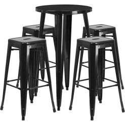 Emma+Oliver Emma And Oliver Commercial 24" Round Silver Metal Bar Table Set-4 Square Seat Backless Stools Orange