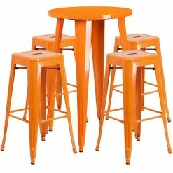 Emma+Oliver Emma And Oliver Commercial 24" Round Silver Metal Bar Table Set-4 Square Seat Backless Stools Orange -Emma+Oliver shop unnamed file 2514
