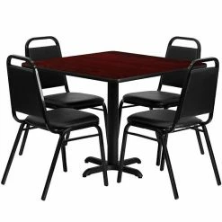 Emma+Oliver Emma And Oliver 36"SQ Walnut Laminate Table Set-X-Base & 4 Black Banquet Chairs Mahoganytopblack -Emma+Oliver shop unnamed file 2694
