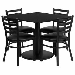 Emma+Oliver Emma And Oliver 36SQ Natural Table Set-RD Base & 4 Ladder Back Chairs,Black Seat Blacktopblackvinylseat
