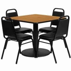 Emma+Oliver Emma And Oliver 36"SQ Black Laminate Table Set-RD Base & 4 Black Banquet Chairs Blacktopblackvinylseat
