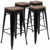 Emma+Oliver Emma And Oliver 30" High Metal Indoor Bar Stool With Wood Seat In Teal - Stackable Set Of 4