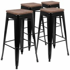 Emma+Oliver Emma And Oliver 30" High Metal Indoor Bar Stool With Wood Seat In Teal - Stackable Set Of 4