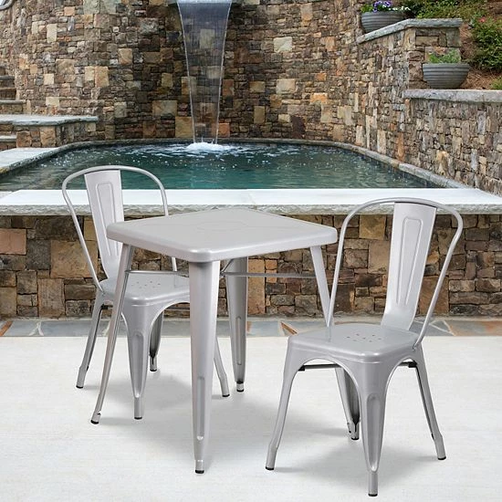 Emma+Oliver Emma And Oliver Commercial 23.75" Square Silver Metal Indoor-Outdoor Table Set-2 Stack Chairs 2 Emma+Oliver Emma And Oliver Commercial 23.75" Square Silver Metal Indoor-Outdoor Table Set-2 Stack Chairs - Image 2