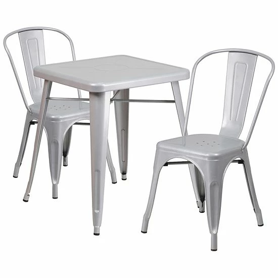 Emma+Oliver Emma And Oliver Commercial 23.75" Square Silver Metal Indoor-Outdoor Table Set-2 Stack Chairs 9 Emma+Oliver Emma And Oliver Commercial 23.75" Square Silver Metal Indoor-Outdoor Table Set-2 Stack Chairs - Image 9