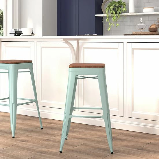 Emma+Oliver Emma And Oliver 30"H Backless Mint Green Barstool With Square Wood Seat 2 Emma+Oliver Emma And Oliver 30"H Backless Mint Green Barstool With Square Wood Seat - Image 2
