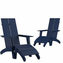Emma+Oliver Emma And Oliver Set Of 2 Indoor/Outdoor 2-Slat Adirondack Style Chairs & Footrests In Navy