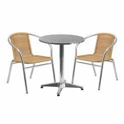 Emma+Oliver Emma And Oliver 23.5" Round Aluminum Table Set-2 Beige Rattan Chairs