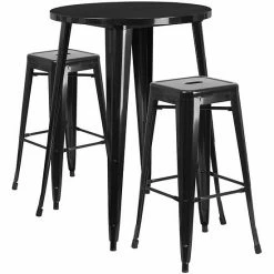 Emma+Oliver Emma And Oliver Commercial 30" Round Orange Metal Bar Table Set-2 Square Seat Backless Stools Silver