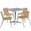 Emma+Oliver Emma And Oliver 27.5" Square Aluminum Table Set-4 Beige Rattan Chairs
