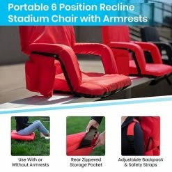 Emma+Oliver Emma And Oliver Portable Stadium Chair With Armrests, Red Reclining Padded Back & Seat, Lightweight Metal Frame & Backpack Straps, Storage Pockets -Emma+Oliver shop unnamed file 319