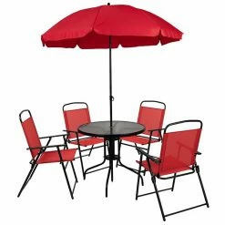 Emma+Oliver Emma And Oliver 6 Piece Navy Patio Garden Set With Table, Umbrella And 4 Folding Chairs Brown