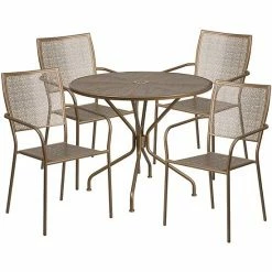 Emma+Oliver Emma And Oliver Commercial Grade 35.25" Round White Patio Table Set-4 Square Back Chairs Gold