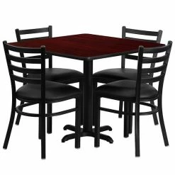 Emma+Oliver Emma And Oliver 36SQ Walnut Table Set-X-Base & 4 Ladder Back Chairs,Black Seat Naturaltopblack