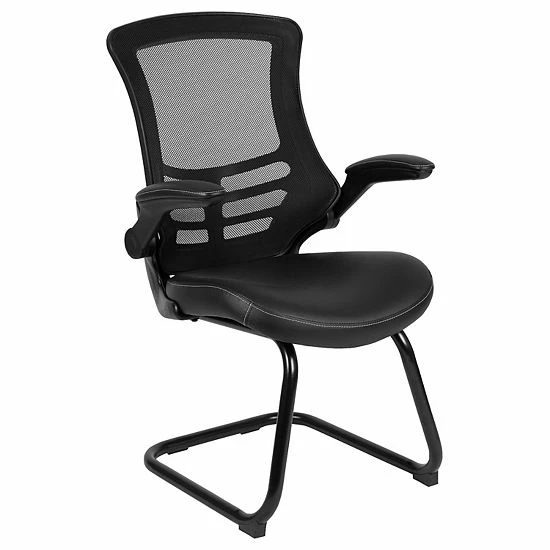 Emma+Oliver Emma And Oliver Black Mesh Sled Base Side Reception Chair With LeatherSoft Seat And Flip-Up Arms 1 Emma+Oliver Emma And Oliver Black Mesh Sled Base Side Reception Chair With LeatherSoft Seat And Flip-Up Arms
