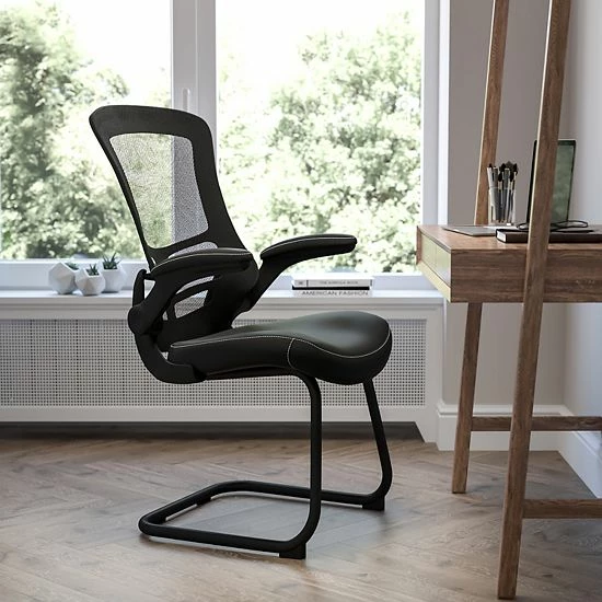 Emma+Oliver Emma And Oliver Black Mesh Sled Base Side Reception Chair With LeatherSoft Seat And Flip-Up Arms 2 Emma+Oliver Emma And Oliver Black Mesh Sled Base Side Reception Chair With LeatherSoft Seat And Flip-Up Arms - Image 2