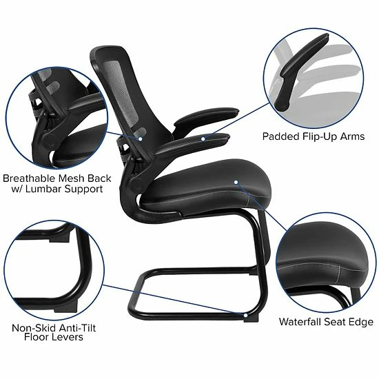 Emma+Oliver Emma And Oliver Black Mesh Sled Base Side Reception Chair With LeatherSoft Seat And Flip-Up Arms 3 Emma+Oliver Emma And Oliver Black Mesh Sled Base Side Reception Chair With LeatherSoft Seat And Flip-Up Arms - Image 3