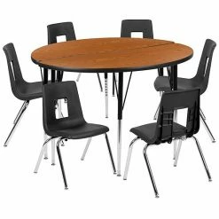 Emma+Oliver Emma And Oliver 47.5" Circle Wave Activity Table Set With 18" Student Stack Chairs, Oak/Black