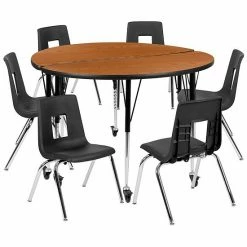 Emma+Oliver Emma And Oliver Mobile 47.5" Circle Wave Activity Table Set-18" Student Stack Chairs, Oak/Black