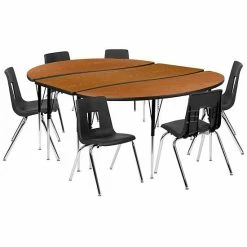 Emma+Oliver Emma And Oliver 86" Oval Wave Activity Table Set With 18" Student Stack Chairs, Oak/Black
