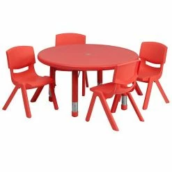 Emma+Oliver Emma And Oliver 33" Round Red Plastic Adjustable Activity Table Set-4 Chairs