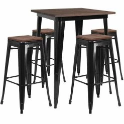 Emma+Oliver Emma And Oliver 31.5" Square Silver Metal/Wood Bar Table Set - 4 Backless Stools
