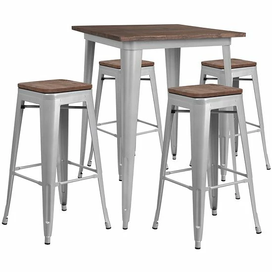 Emma+Oliver Emma And Oliver 31.5" Square Silver Metal/Wood Bar Table Set - 4 Backless Stools 4 Emma+Oliver Emma And Oliver 31.5" Square Silver Metal/Wood Bar Table Set - 4 Backless Stools - Image 4