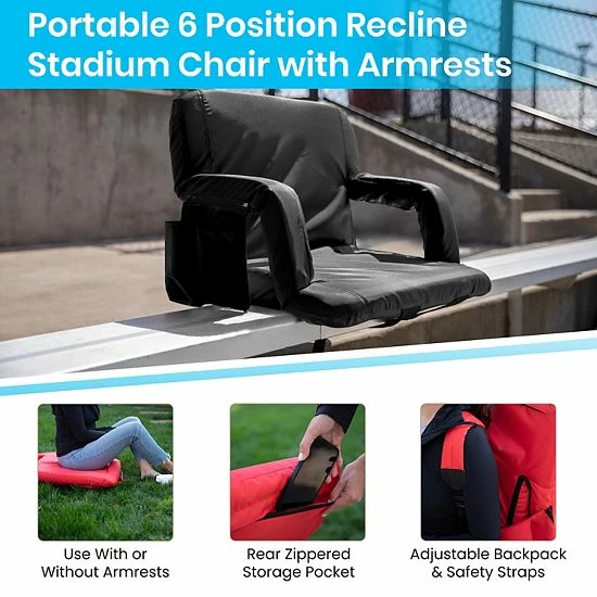Emma+Oliver Emma And Oliver Extra Wide Portable Stadium Chair With Black Reclining Padded Back & Seat, Lightweight Metal Frame With Armrests & Backpack Straps 4 Emma+Oliver Emma And Oliver Extra Wide Portable Stadium Chair With Black Reclining Padded Back & Seat, Lightweight Metal Frame With Armrests & Backpack Straps - Image 4