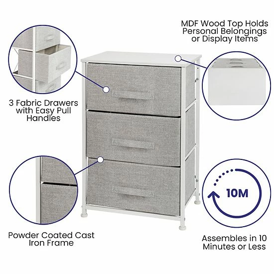 Emma+Oliver Emma And Oliver 3 Drawer Vertical Storage Dresser With White Wood Top & Gray Fabric Pull Drawers Whitegray 3 Emma+Oliver Emma And Oliver 3 Drawer Vertical Storage Dresser With White Wood Top & Gray Fabric Pull Drawers Whitegray - Image 3