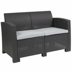 Emma+Oliver Emma And Oliver Light Gray Faux Rattan Loveseat With Light Gray Cushions